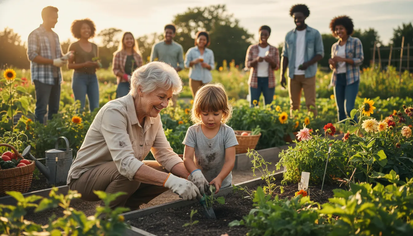 An elderly woman gardening with family and friends, embodying a joyful retirement sociable phase with community.