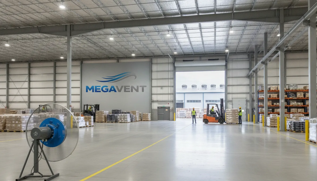 Interior galpão industrial com exaustor HVLS e exaustor eólico MegaVent ao fundo, ar limpo.