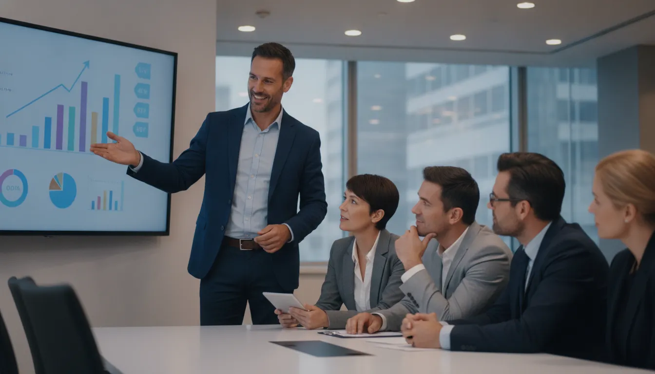 Apresentador usa um case de sucesso em vídeo para persuadir clientes em uma reunião de vendas estratégica.