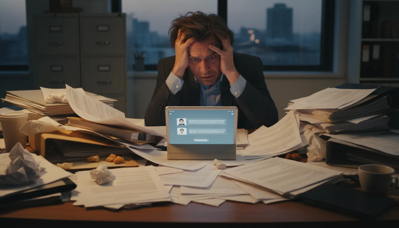 Pessoa sobrecarregada com documentos busca a ajuda de um advogado online para solucionar problemas.