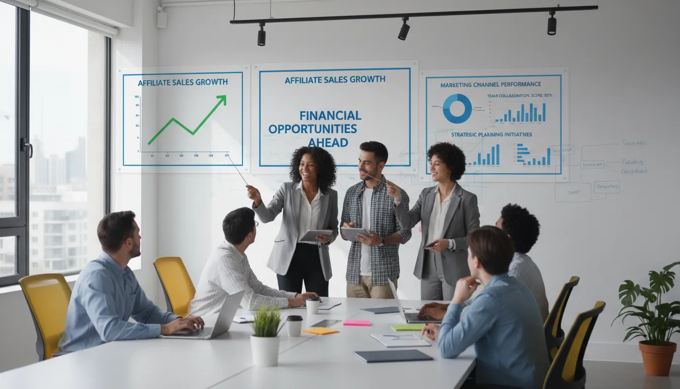 Equipe analisando gráficos de desempenho no marketing de afiliados em ambiente de startup