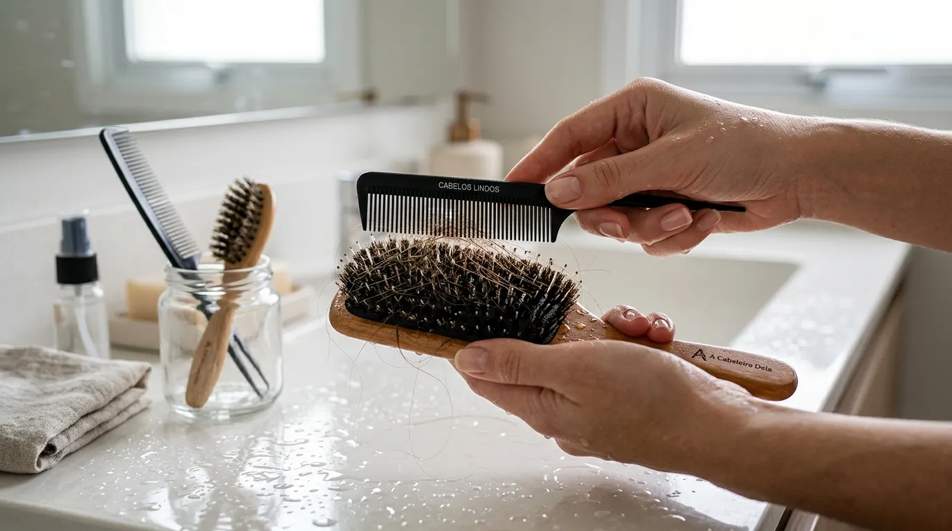 Passo a passo para limpar escova de cabelo removendo fios acumulados com pente fino.