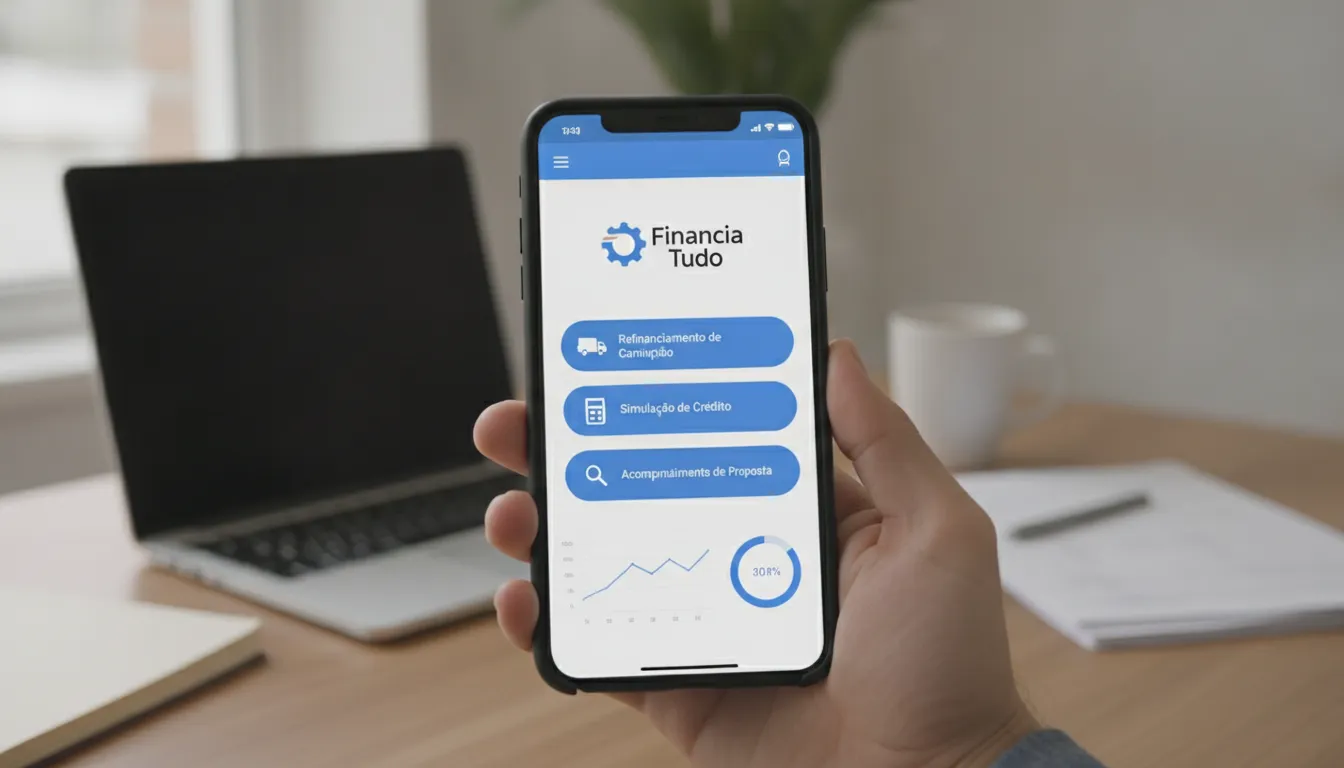 Tela de celular Financia Tudo mostra opções para refinanciamento de caminhão e valor liberado.