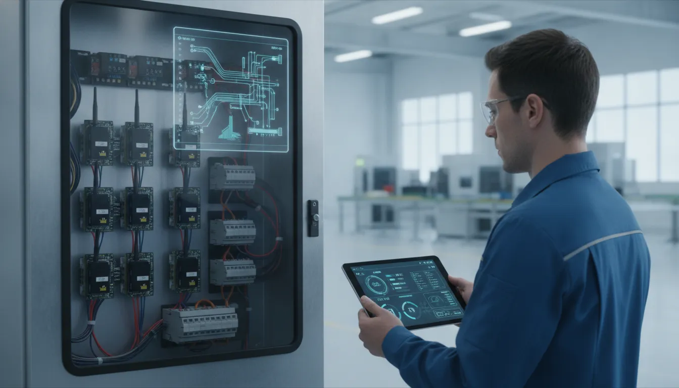 Painel industrial com dispositivos IoT ESP32 integrados, gerenciados pela plataforma Datatem. Conectividade M2M.