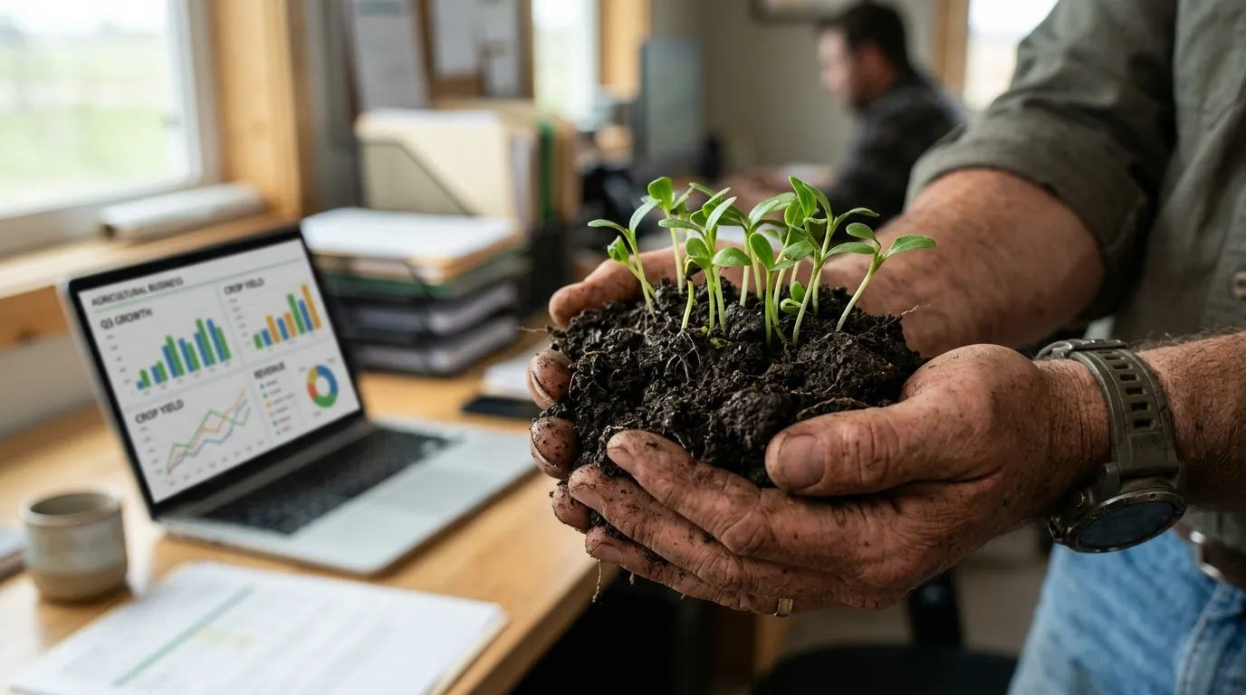 Mãos com terra e broto verde sob impactos da reforma tributária rural.