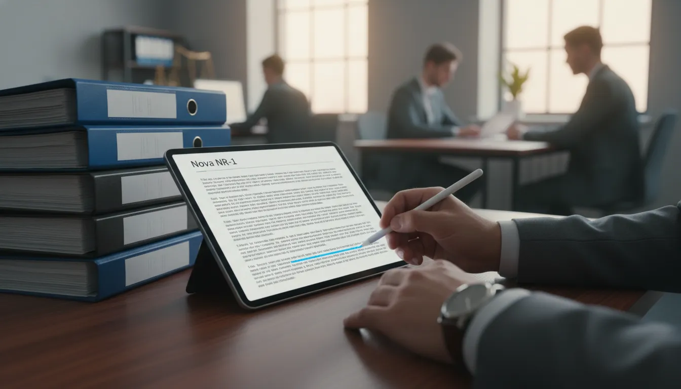 NR-1 atualizada: o foco na análise detalhada de documentos legais em tablet e pilhas de pastas.