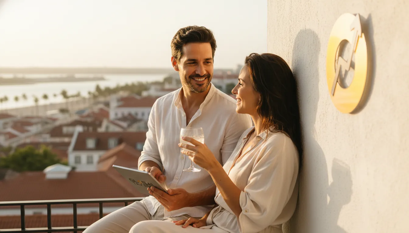 Casal feliz no exterior, desfrutando da liberdade e paz financeira após a correta saída fiscal definitiva do Brasil.