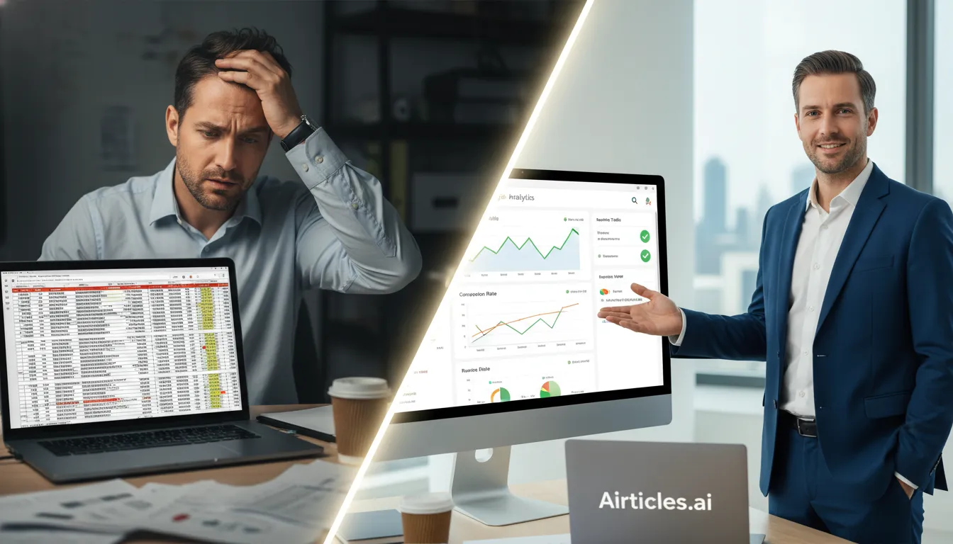 Contraste: empresário frustrado com dados brutos vs. satisfeito com insights Google Analytics.