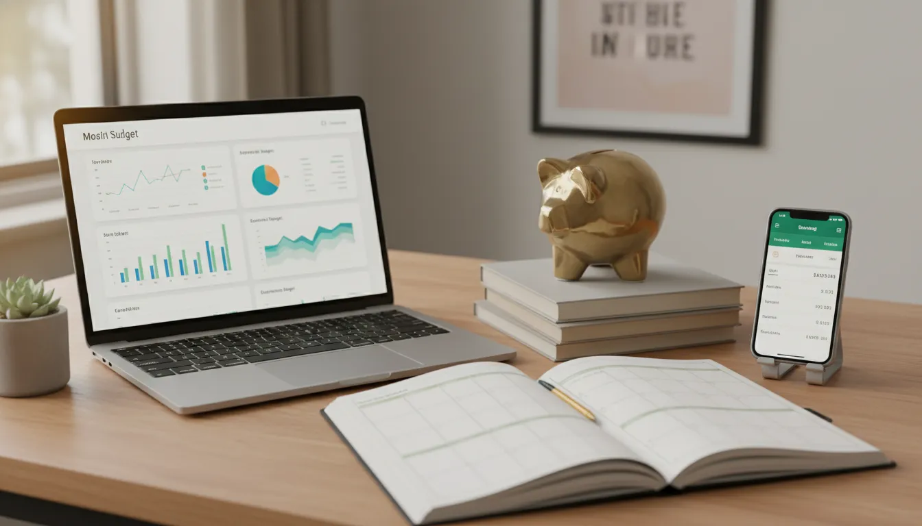 Mesa de trabalho organizada com laptop, planner e smartphone, focada em organização financeira financiamentos.