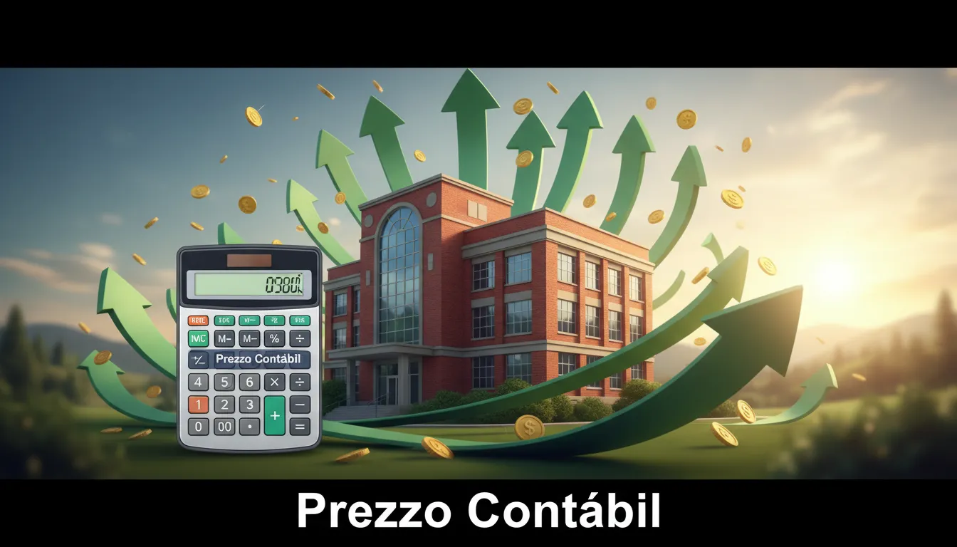 Ilustração de escola com setas indicando crescimento e calculadora com logo Prezzo Contábil, representando a contabilidade especializada para escolas.