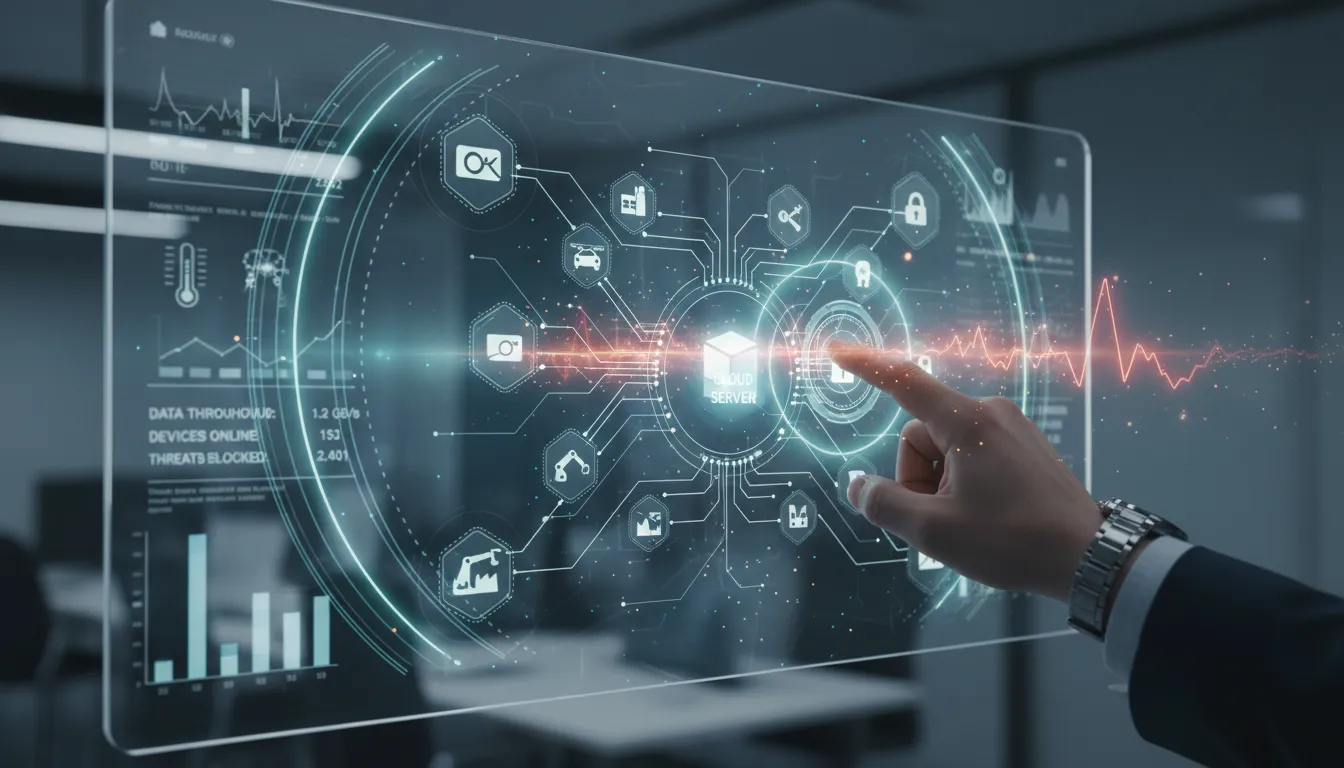 Plataforma de gestão Datatem, monitorando e protegendo milhares de dispositivos IoT contra ataques, garantindo segurança cibernética.