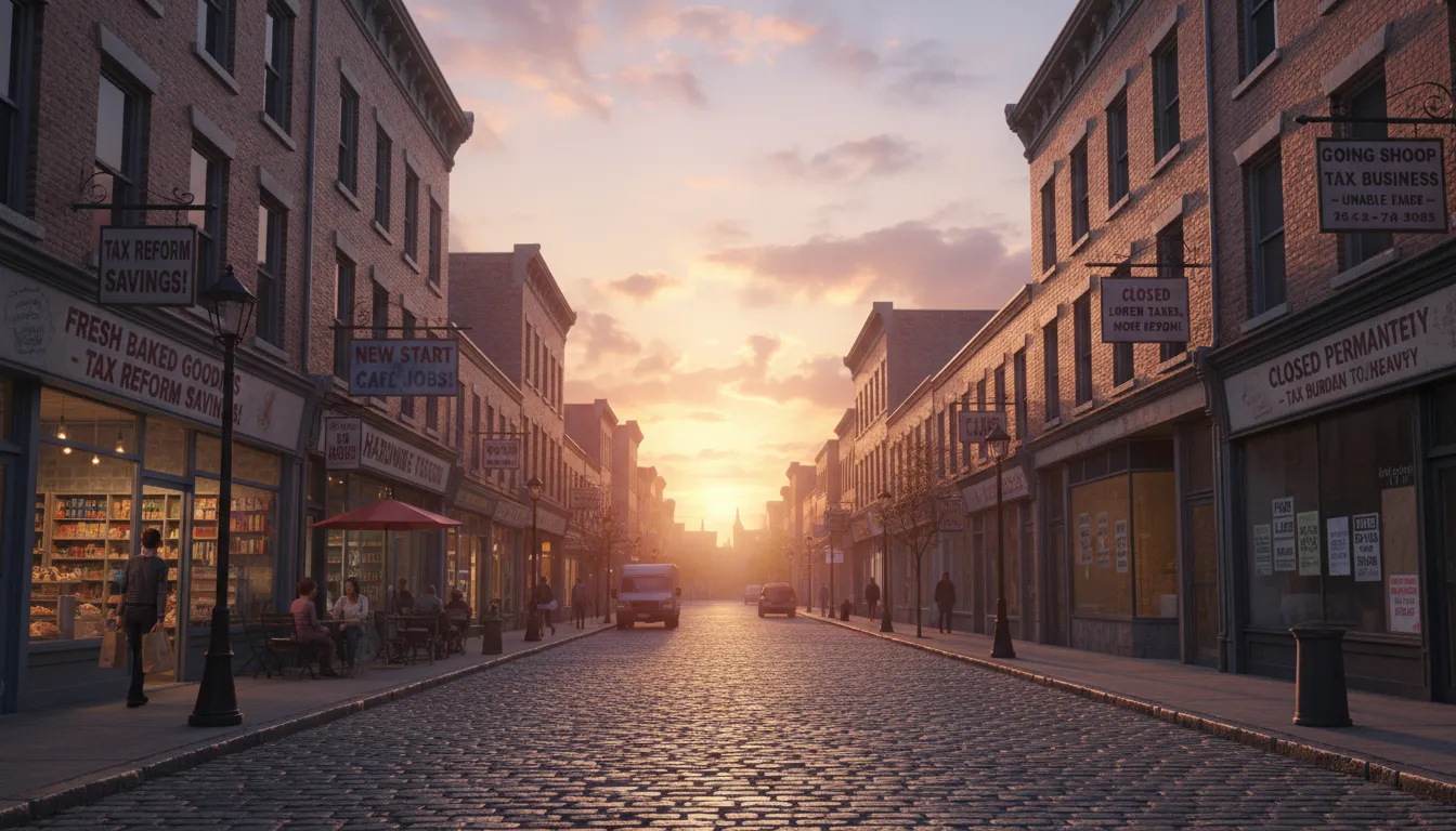 Vitrines de pequenas empresas, algumas prósperas e outras fechando, ilustrando impactos da reforma tributária.