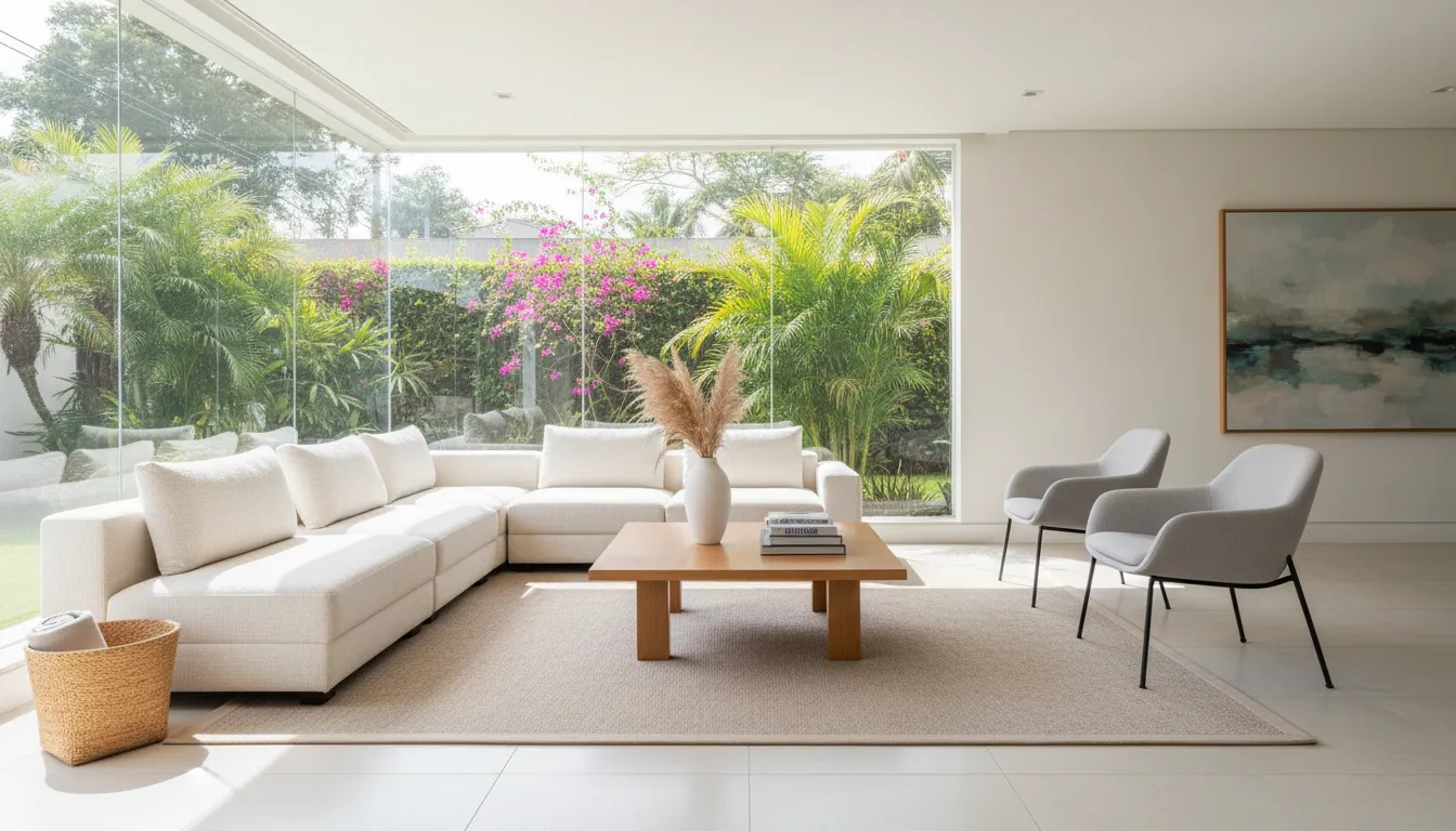 Interior moderno e iluminado de uma sala de estar, potencial de imóveis disponíveis no bairro Jardim Brasil, Garça.