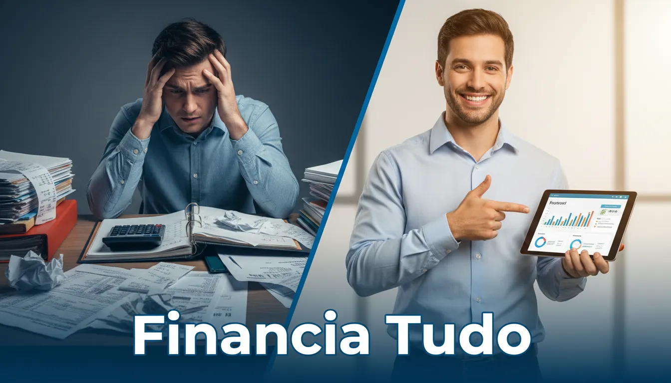 Imagem dividida mostrando a transformação de preocupação para confiança com planejamento financeiro, exemplificando a comissão indicação crédito da Financia Tudo.