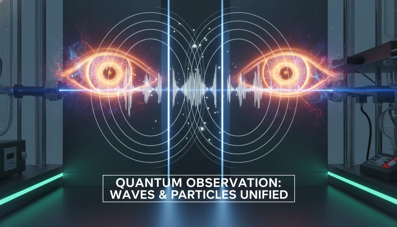 Experimento da dupla fenda mostrando ondas, partículas e olhos humanos observando, sugerindo papel do observador