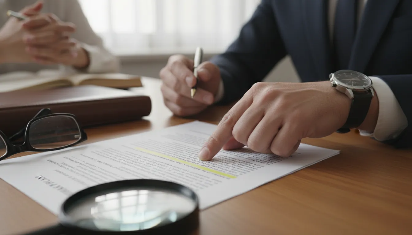 Detalhe de um documento de plano de saúde com a mão de um advogado apontando uma cláusula específica, demonstrando a importância da assessoria jurídica.