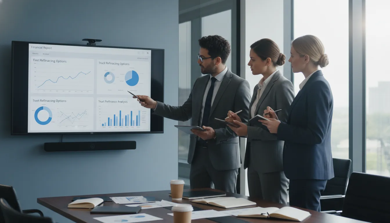 Equipe de empresa analisa relatórios financeiros sobre opções de refinanciamento caminhão empresa para tomada de decisão.