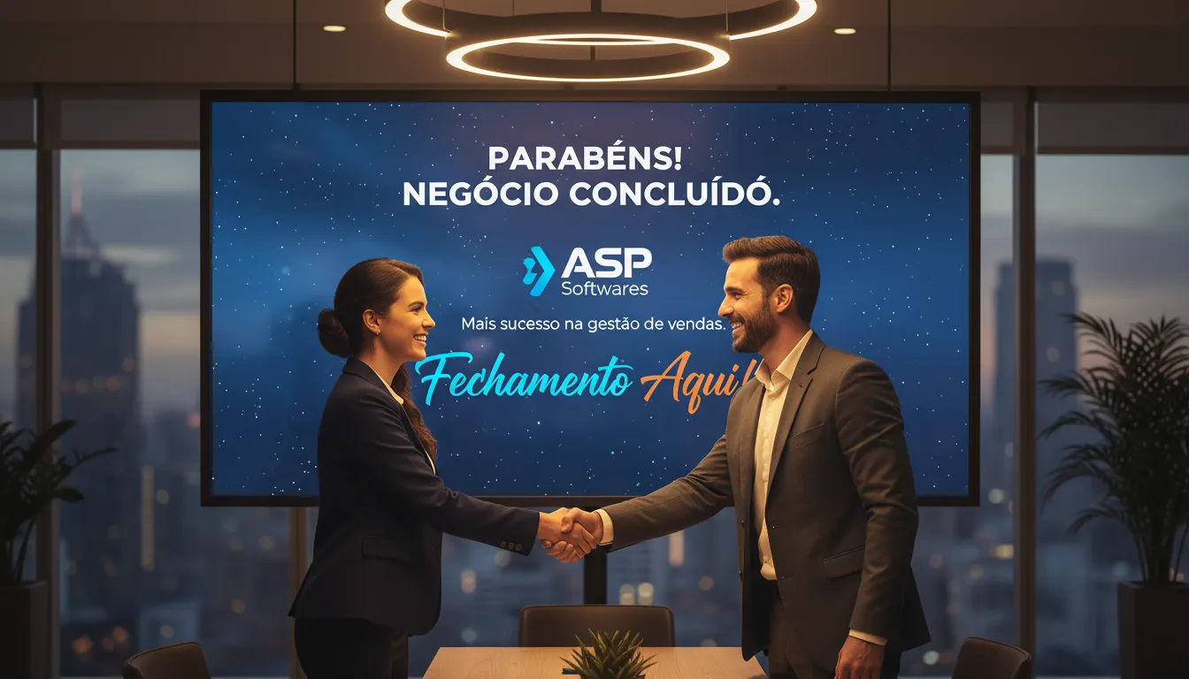 Vendedor e cliente comemorando o fechamento de um negócio, simbolizando o sucesso da gestão de vendas com o software da ASP Softwares.