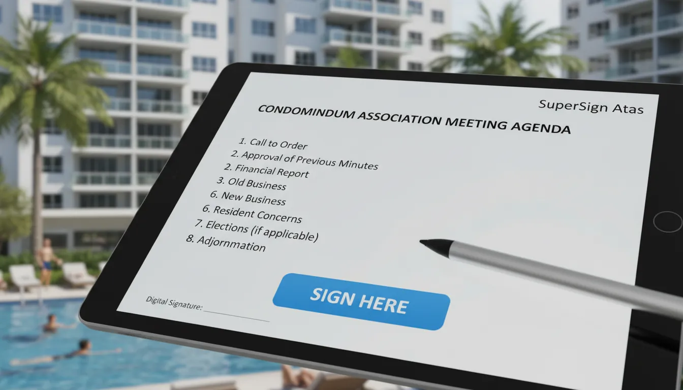 Tablet mostrando uma agenda de reunião de condomínio com botão 'Assinar Aqui', destacando a praticidade da assinatura digital para condomínio na gestão de assembleias.