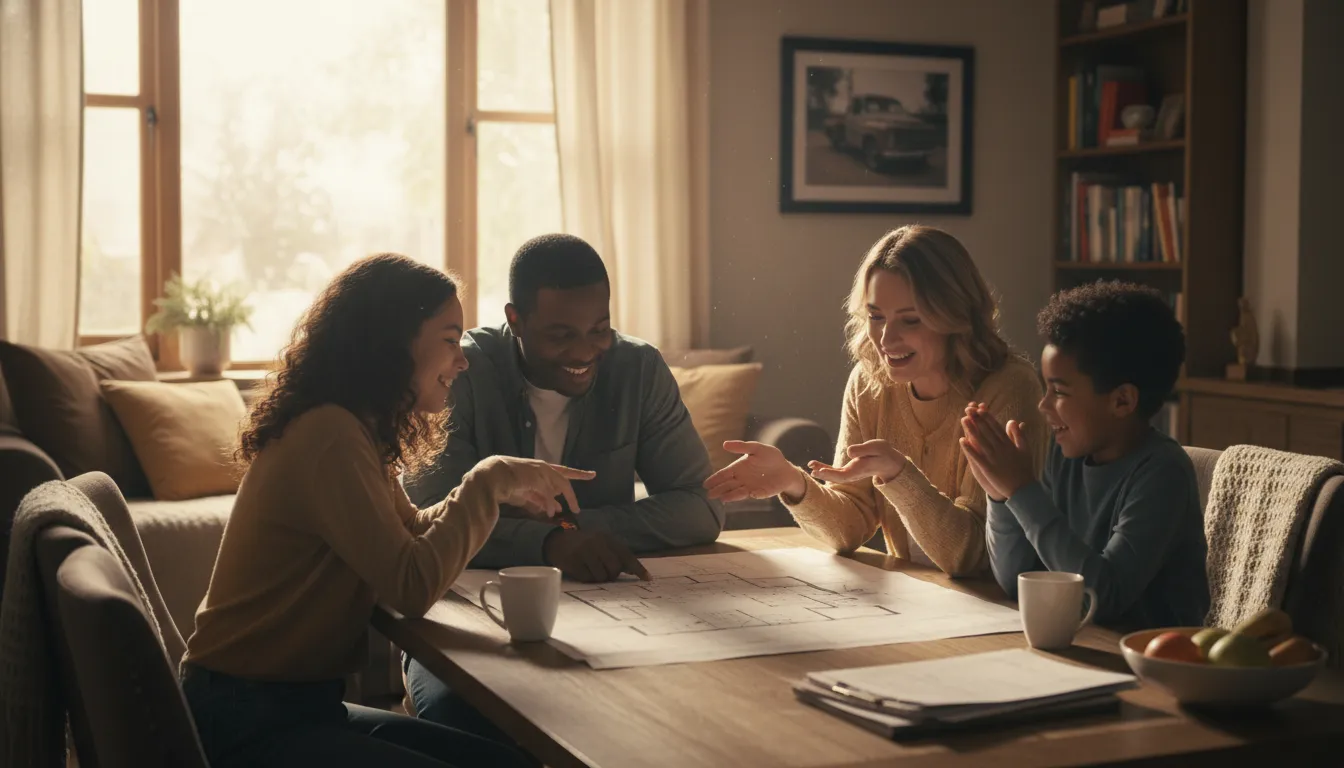 Família feliz em casa, realizando sonhos graças ao refinanciamento de caminhão quitado para capital.