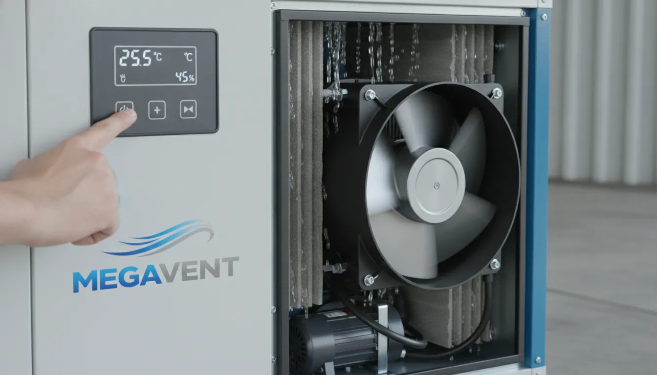 Painel de controle de um climatizador industrial MegaVent, mostrando tecnologia e detalhes que afetam o preço.