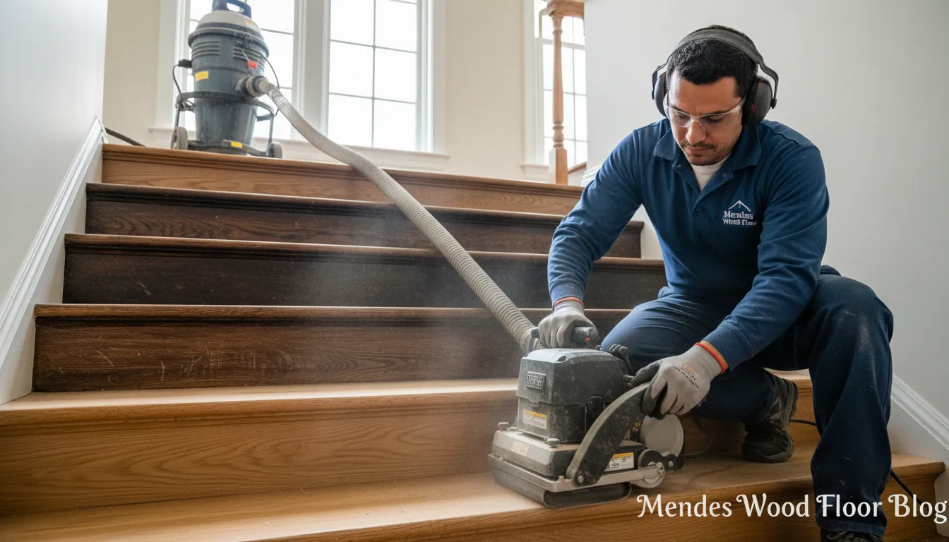 Dustless sanding process during a hardwood floor installation and staircase restoration project in Newark, NJ.