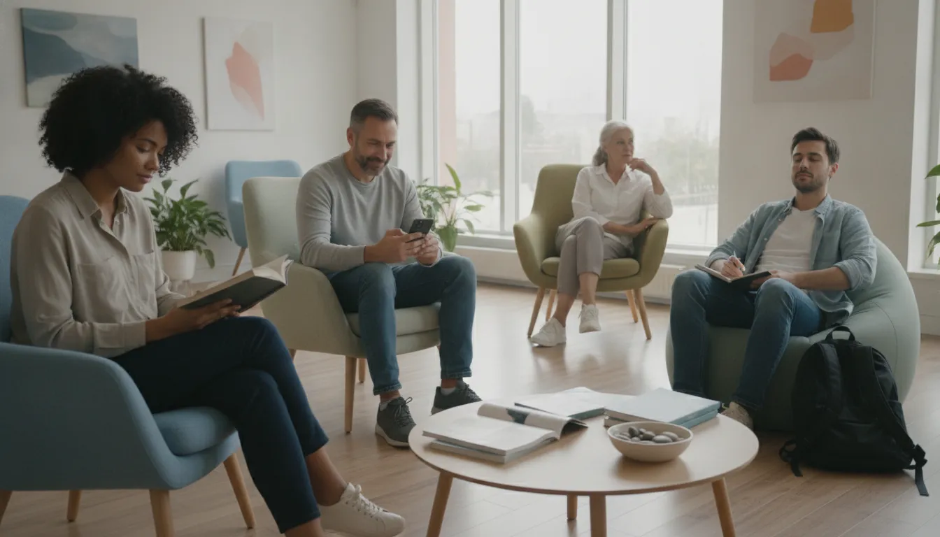 Grupo de pessoas em ambiente acolhedor, representando comunidade e apoio contra pensamentos intrusivos.