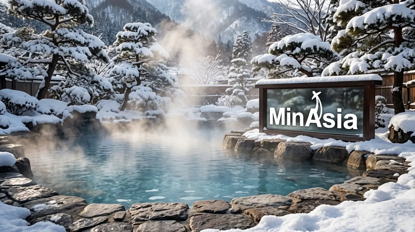 Águas termais fumegantes de um onsen japão cercado por neve e pinheiros durante o inverno.