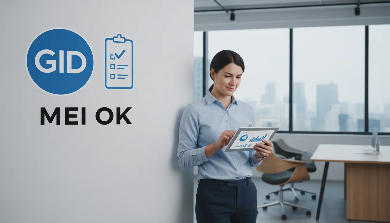 Pessoa usando um tablet para revisar dados de negócios em um escritório moderno, com um adesivo da GID e um ícone de checklist, representando o checklist microempreendedor individual.