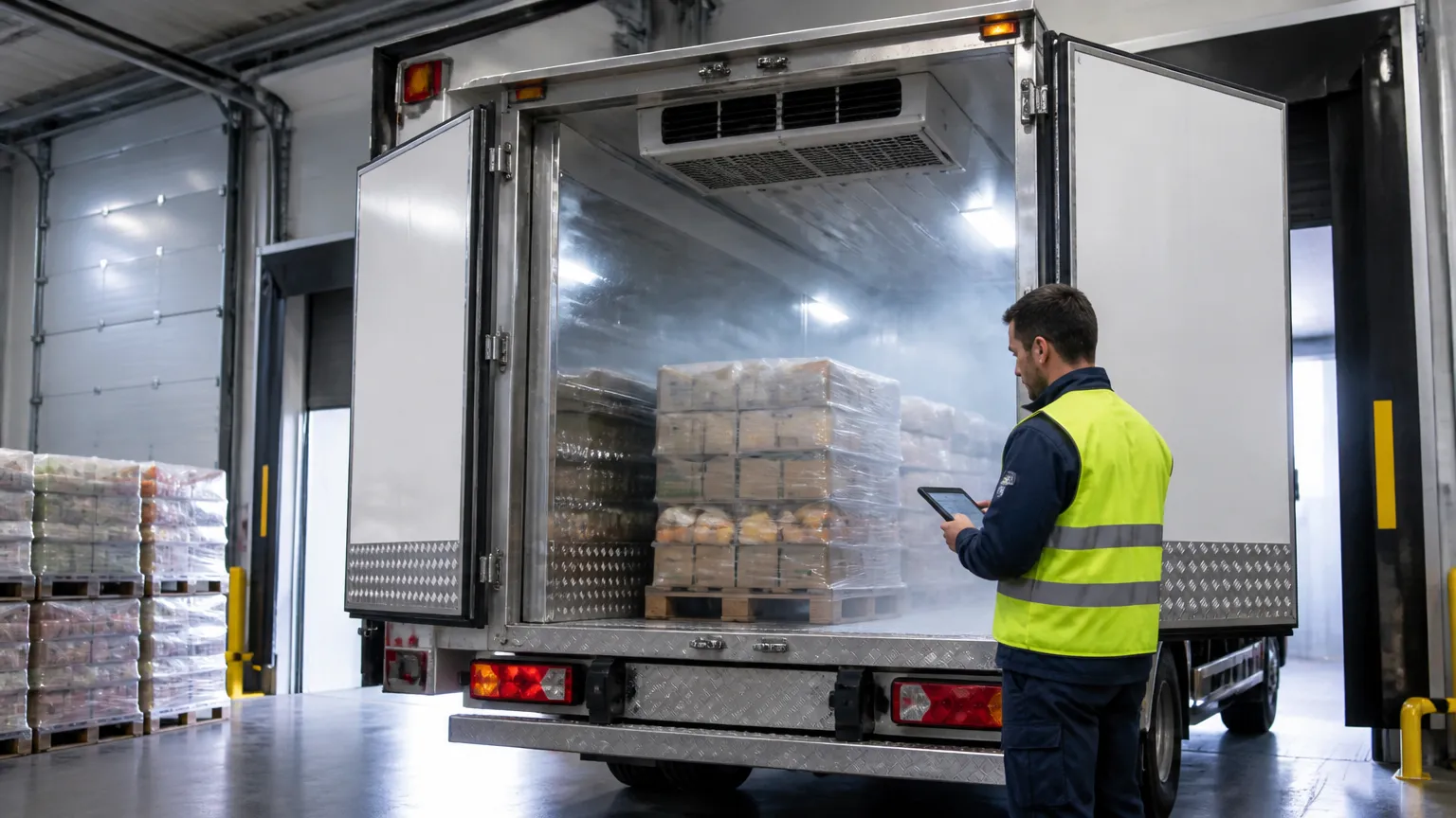 Operação logística com carga refrigerada e financiamento de caminhão frigorífico para transporte.
