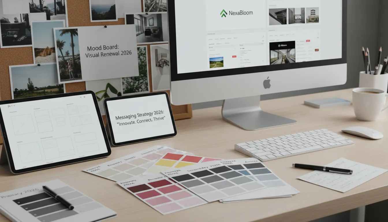 Site para Ano Novo: Como Posicionar Sua Marca na Virada 1 Mesa de escritório com materiais criativos mostrando renovação visual e estratégia de marca para 2026.