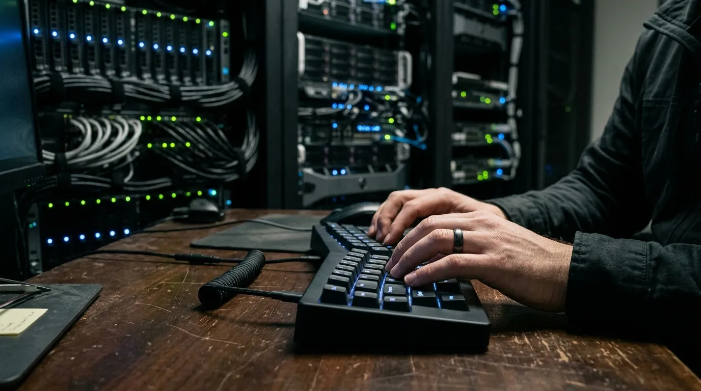 Profissional digita em sala de servidores ao decidir se revelar digitalmente com proteção.