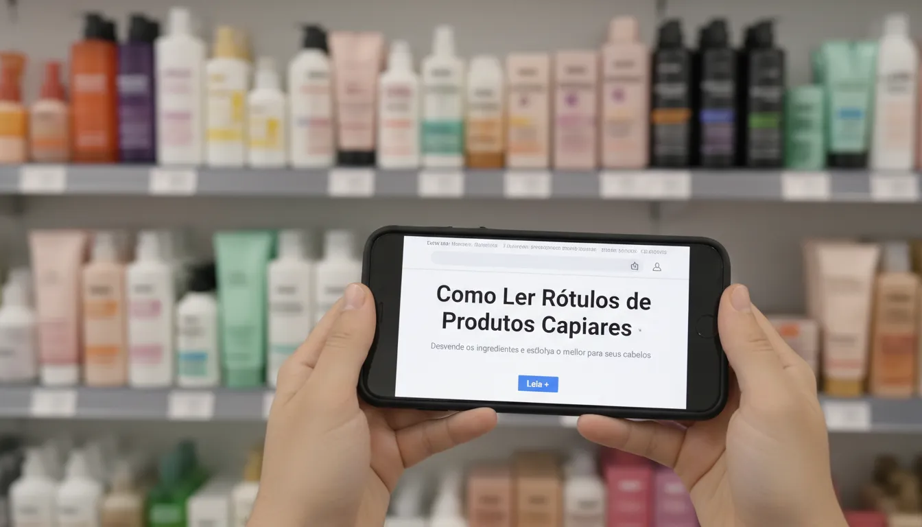Smartphone exibindo um artigo sobre como ler rótulos de produtos capilares, com produtos de cabelo ao fundo. Guia prático de como ler rótulos de produtos capilares.