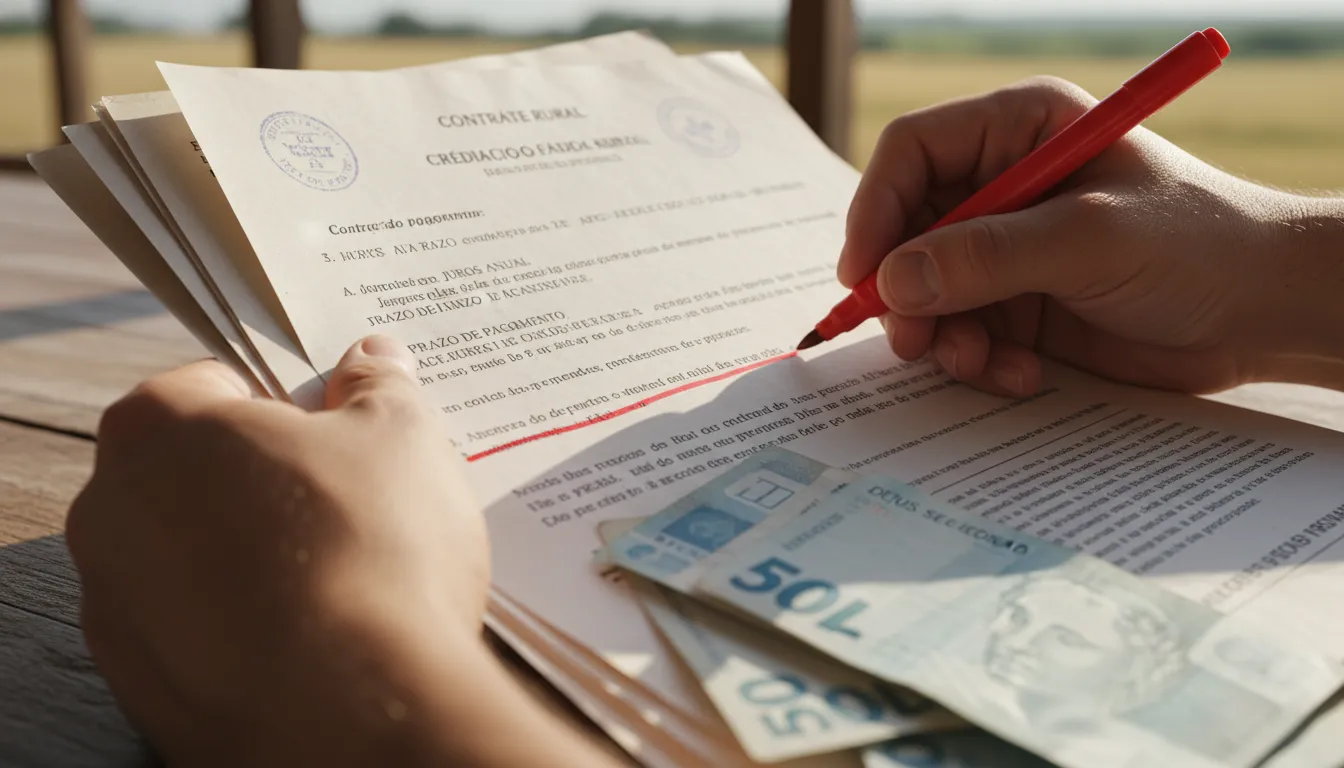 Mãos revisando contratos de crédito rural, destacando cláusulas com marcador sobre notas de reais.