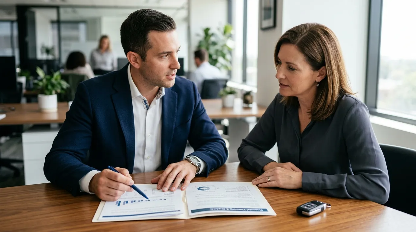 Consultor explicando cálculo de custo total do refinanciamento de veículo para cliente.