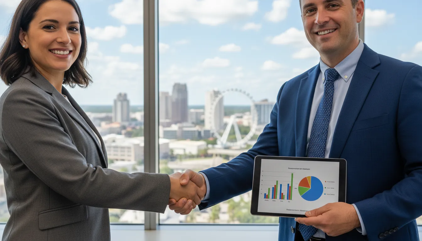 Un cliente estrechando la mano con un contador en una oficina de contabilidad en Orlando.