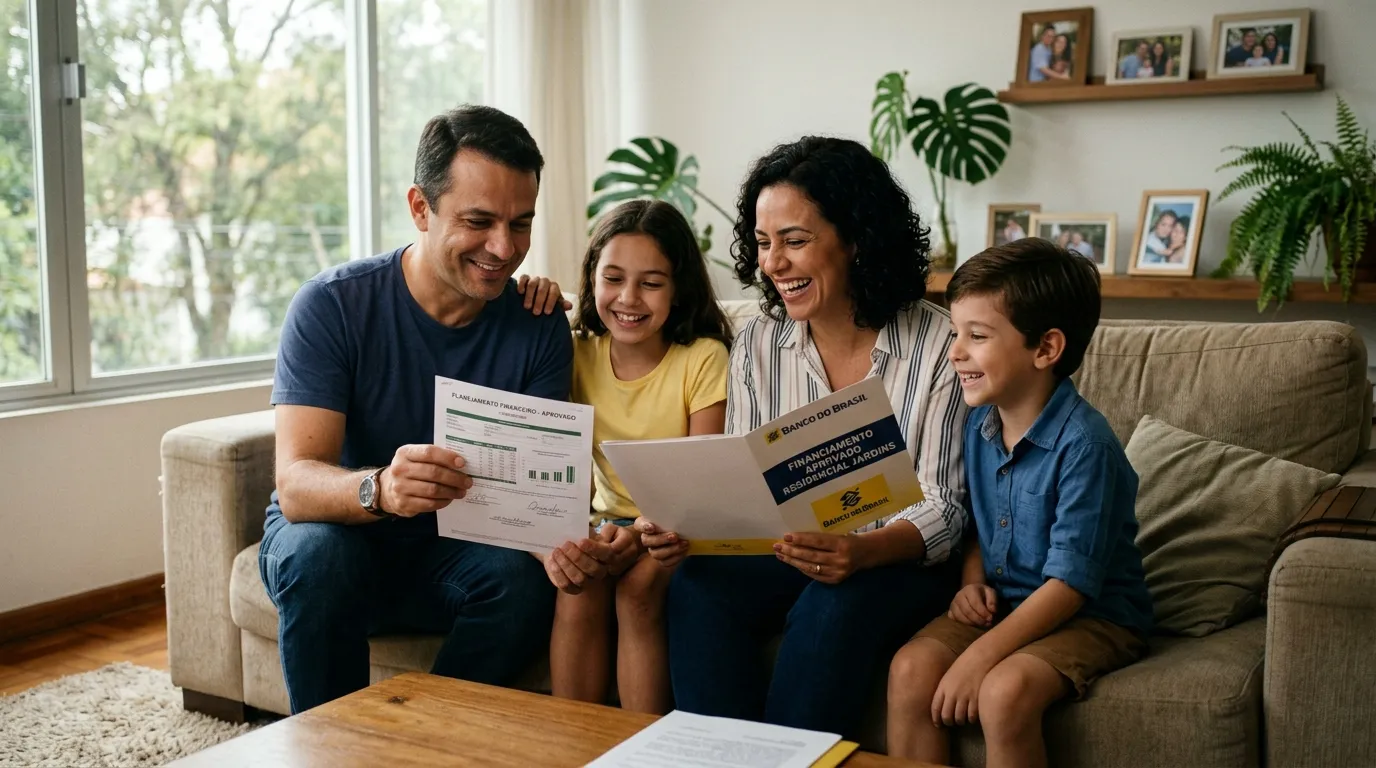 Família satisfeita após regularizar matrícula do imóvel para crédito com garantia de forma segura.