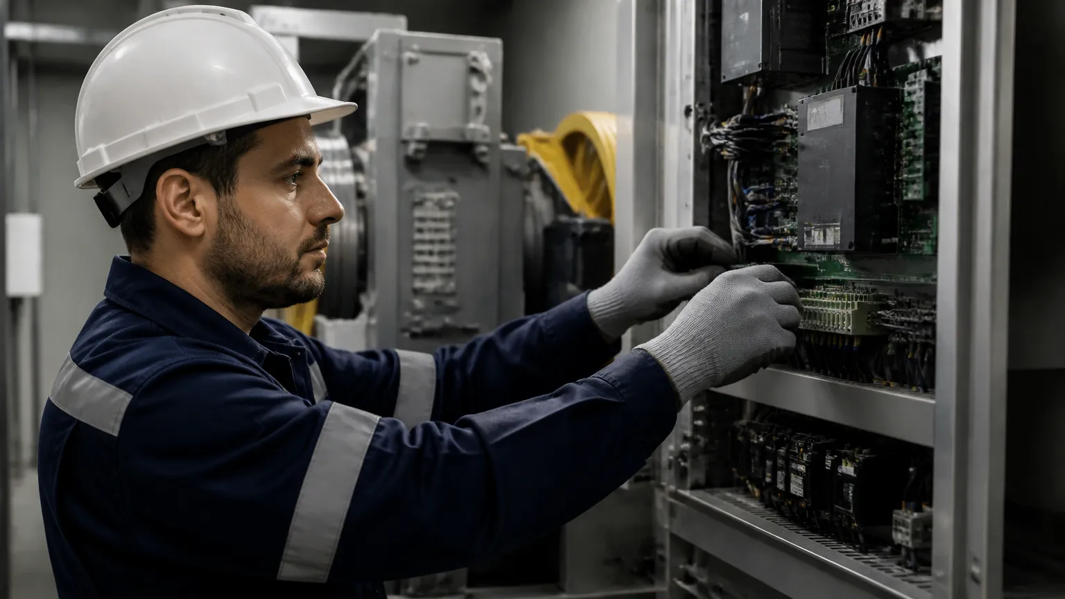 Técnico ajustando componentes mecânicos com crédito para modernização de elevadores em prédio residencial.