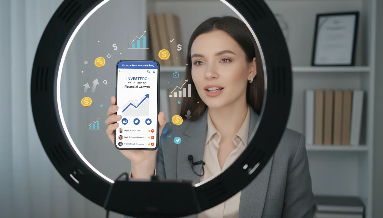 Mulher gravando vídeo em casa indicando soluções financeiras para seguidores nas redes sociais.