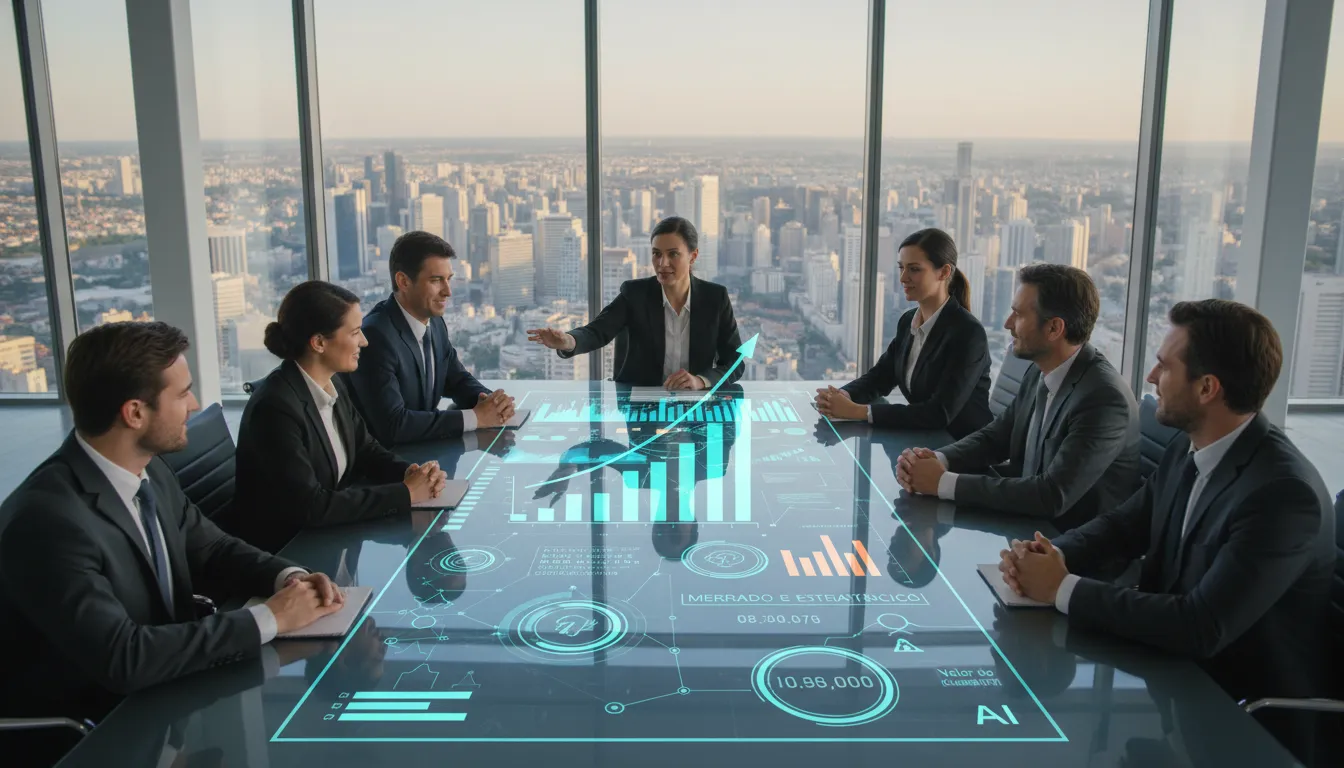 Líderes tomando decisões estratégicas baseadas em insights de crm marketing impulsionados por IA, gerando crescimento.