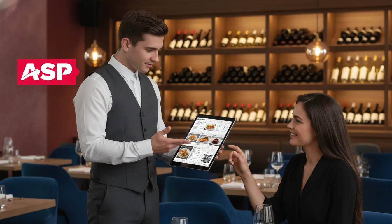 Um garçom apresenta um tablet com um cardápio detalhado a um cliente em um restaurante moderno, com QR code para opções adicionais, visando aumentar o ticket médio.