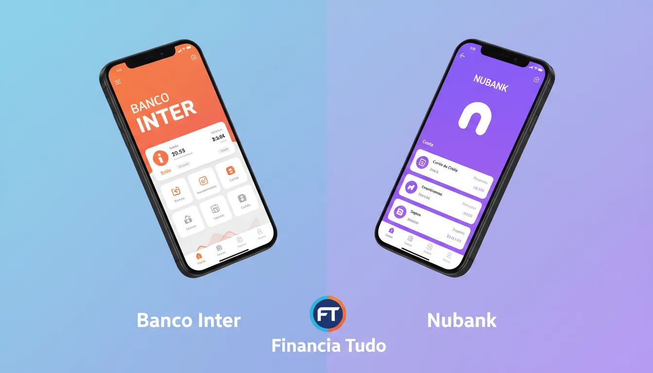 Design gráfico limpo comparando a interface dos aplicativos Banco Inter ou Nubank em um smartphone, com o logo da Financia Tudo.