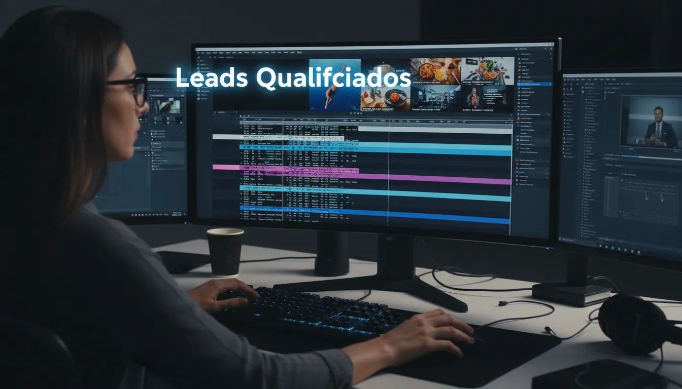 Editor de vídeo profissional trabalhando em uma timeline, mostrando a complexidade da gestão de tráfego através da edição de conteúdo para YouTube.