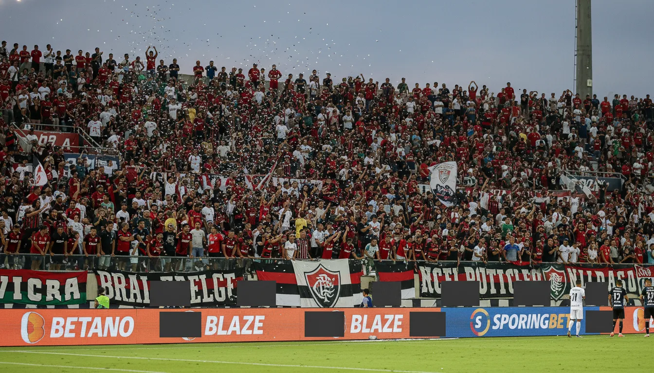 Arquibancada de campeonato brasileiro com banners de casas de apostas e espaços vazios