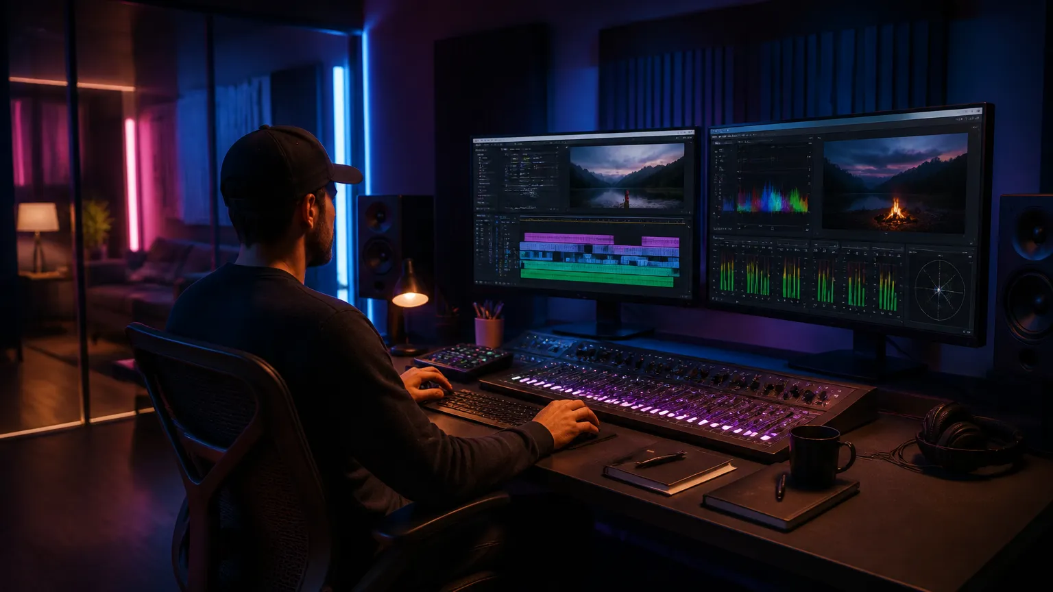 Ilha de edição e pós-produção audiovisual de uma produtora de vídeos em Curitiba para projetos institucionais.
