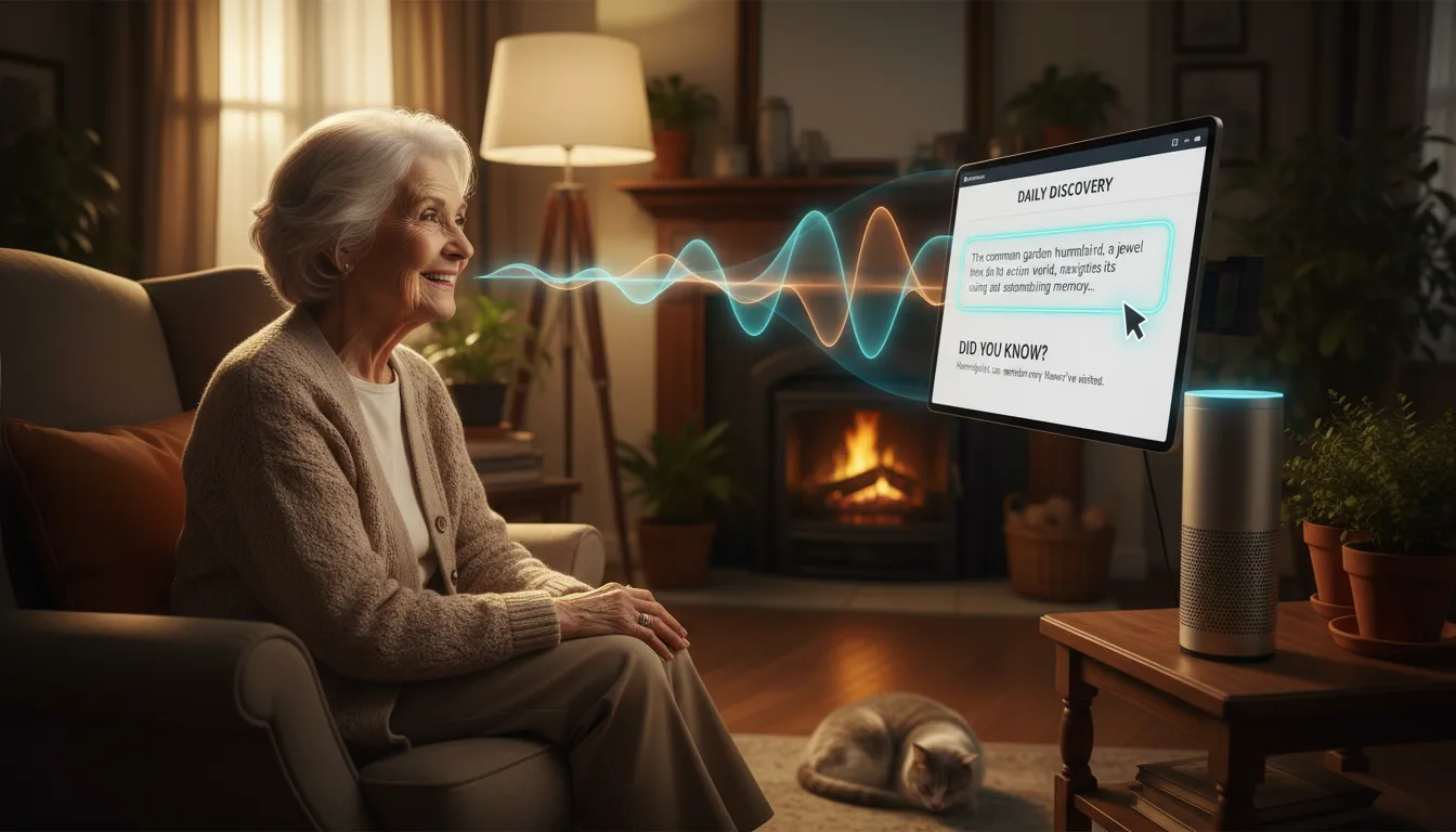 Como Adaptar Textos do Site para Experiências de Voz e Leitura em Voz Alta 3 Idoso ouvindo site sendo lido em voz alta em assistente inteligente, demonstrando acessibilidade web