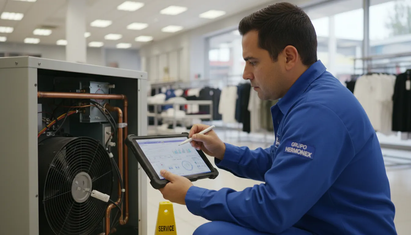 Técnico Grupo Hermonex verifica parâmetros de fancoil com tablet, otimizando manutenção ar condicionado fancoil lojas shopping.