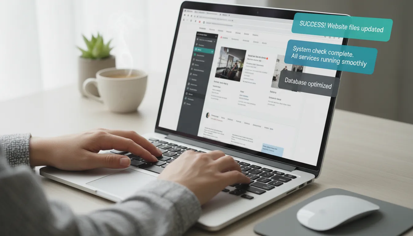 Como Manter Site Atualizado o Ano Todo (Sem Pagar Anuidade Cara) 2 Mãos realizando atualizações de site e monitorando notificações de segurança em laptop