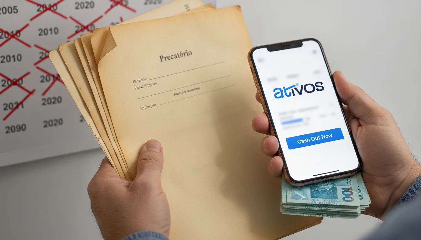 Vale a pena vender precatório ou esperar? Mãos segurando precatórios antigos e smartphone com liquidez imediata Ativos.