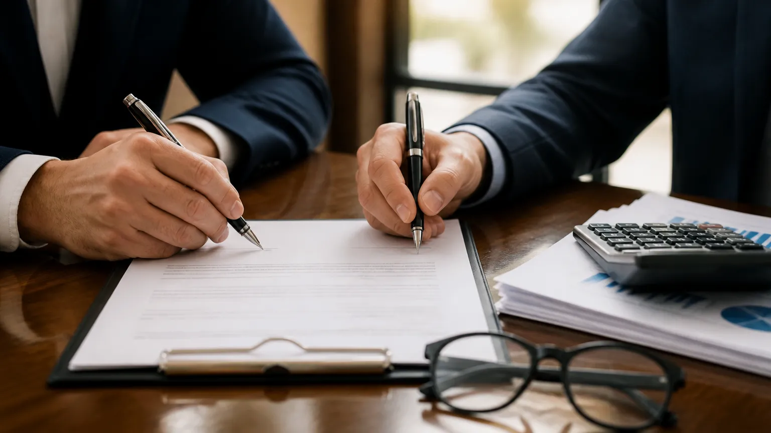 Assinatura de acordo de parceria de indicação financeira com contadores e assessores em mesa de trabalho.